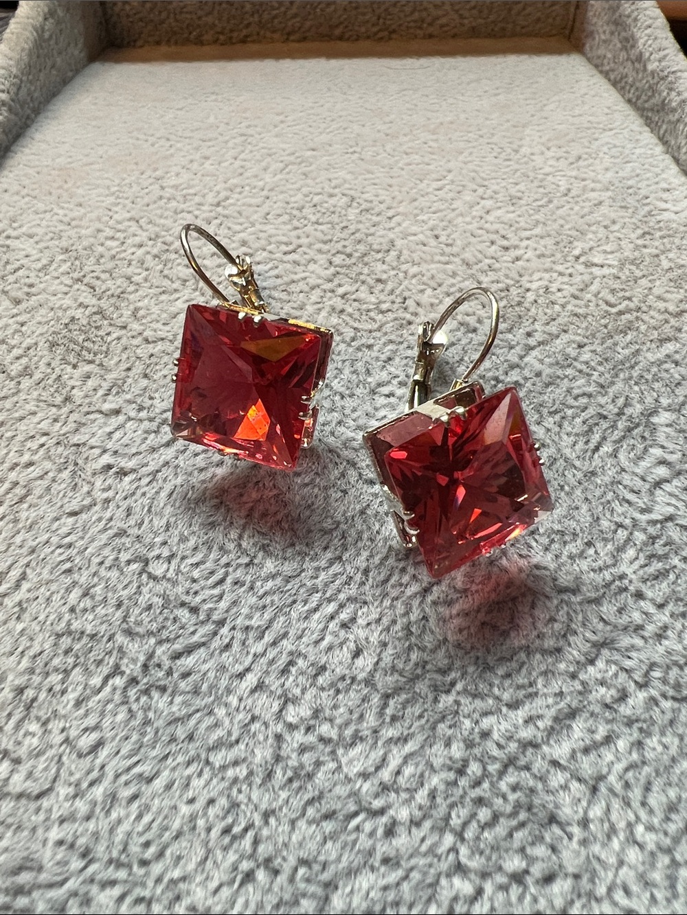 Red Square Crystal Drop Earrings with Lever-Back Hooks